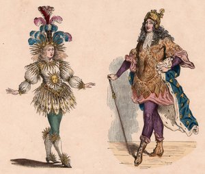 Due vedute di Luigi XIV in abiti: uno per il teatro evocante il sole con piume di struzzo, uno per il carosello, con armatura e mantello di gigli da Unknown